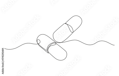 Continuous one line drawing of capsule. Single one line drawing single pill, capsule isometric icon.