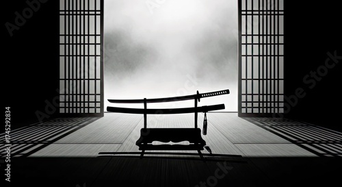 Wallpaper Mural Zen Harmony: A stark, evocative composition showcasing two samurai swords, resting gracefully on a stand within a traditional Japanese room, evoking a sense of peace, discipline. Torontodigital.ca