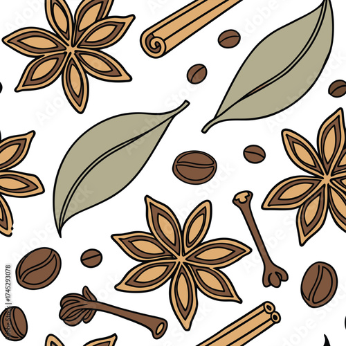 Seamless pattern of spices star anise cinnamon cloves bay leaves and coffee eps silhouette