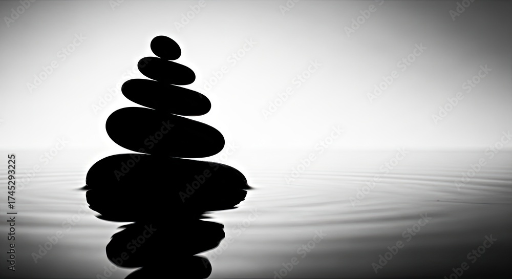 Obraz premium Zen Balance: A serene tower of smooth, dark stones is artfully balanced atop calm water. Its reflection mirrors the tower, creating a perfect symphony of natural harmony and peace. 