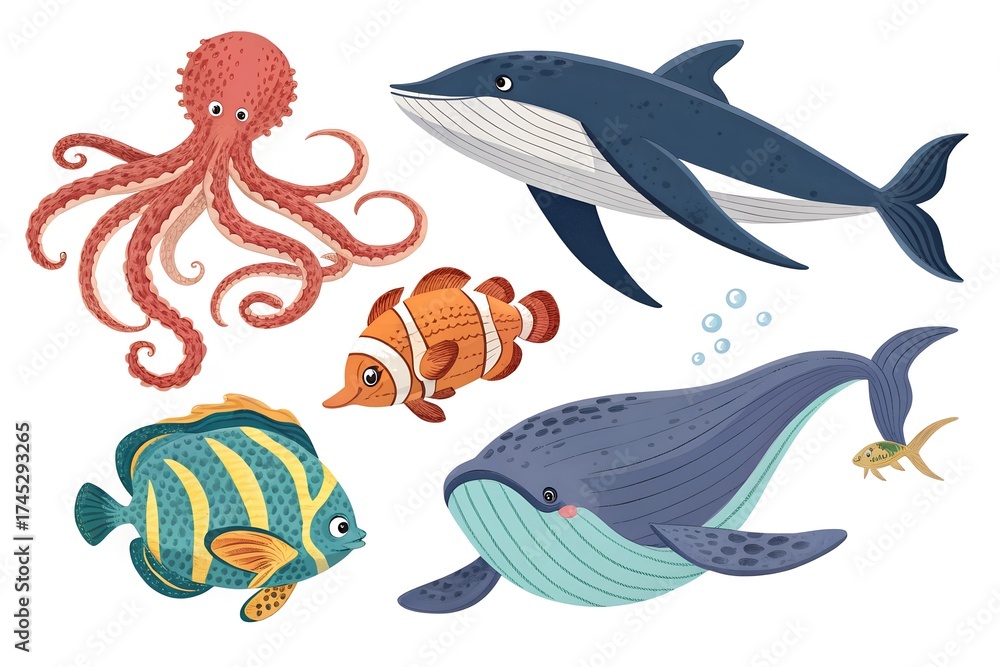Fototapeta premium Cute Marine Animals Vector Collection 