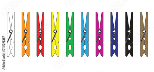Cartoon clothespin or clothespeg. For clothesline on a sunny day or pegs hang on a washing line. Wooden clothes pin or clothes peg. Clothespins icon. Empty wooden clothes pegs. laundry fastener tool.