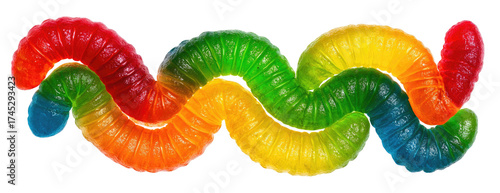 A colorful, segmented, wiggly, gelatinous worm-like treat with a gradient of rainbow colors