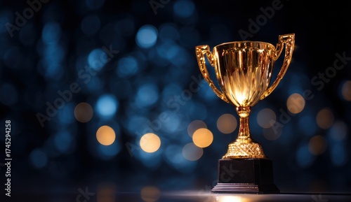 Elegant gold trophy cup on dark with bokeh lights, symbolizing victory