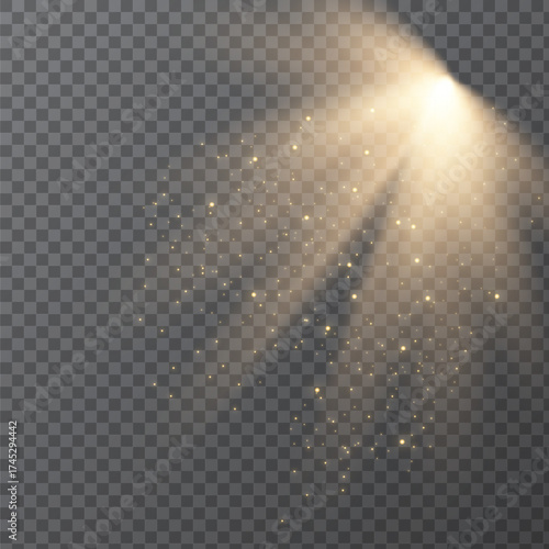 Side Golden Spotlight Beam With Sparkle Dust – Light Overlay Vector, Diagonal Gold Stage Beam – Shining Spotlight With Floating Particles, Elegant Magic Golden Spotlight – Sparkling Dust Light Beam