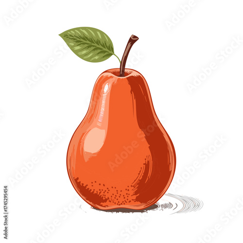 Ripe red pear with a single leaf and stem artistic vector illustration