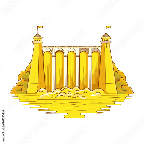 Stylized golden dam with gushing water and prominent towers illustration