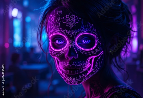 Neon-lit catrina with intricate pink glowing skull makeup and vivid blue eyes, captured against a blurred nightclub background.