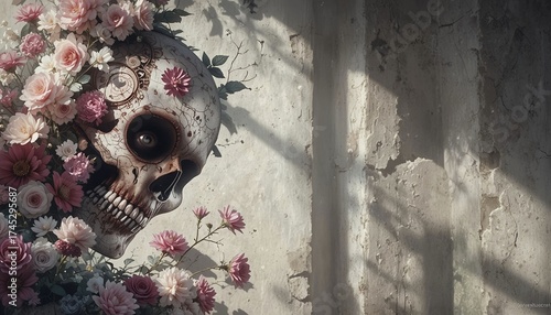 Creative conceptual photo of Sugar Skull face partially emerging from shadows, artistic composition, room for text, designed for Día de Muertos banner.