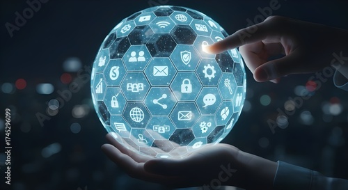 Global Technology Ecosystem: Hands Holding a Glowing Digital Globe with Integrated Social and Business Service Icons