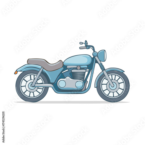 Light blue classic cruiser motorcycle vector illustration featuring clean lines and a modern flat design style