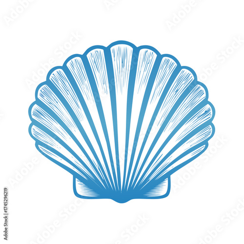 Stylized Blue Scallop Sea Shell Hand Drawn Engraving Marine Life Icon