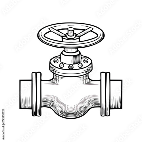 Hand Drawn Industrial Pipe Valve with Handwheel Isolated Vector Illustration