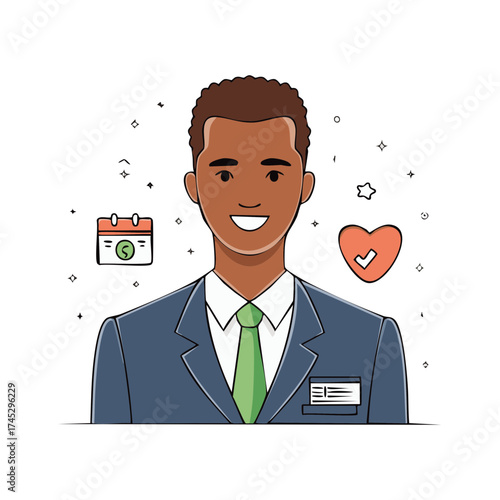 Confident African American professional smiling with financial planning and well being symbols