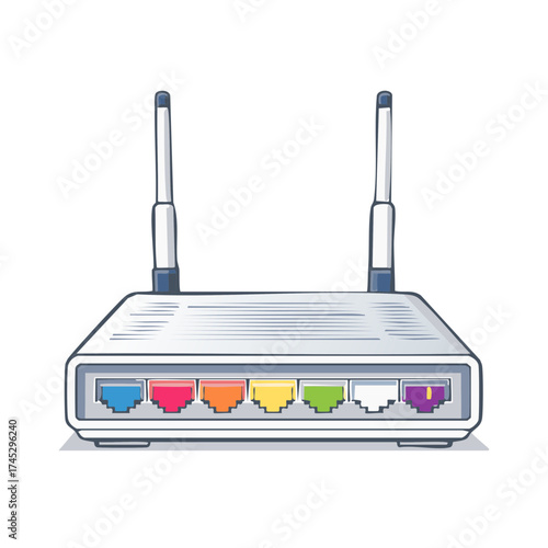 Wireless Internet Router with Antennas and Colorful Ethernet Ports Illustration