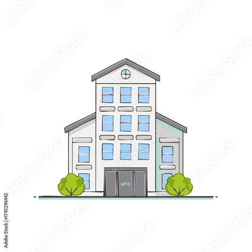 Stylized office building illustration, contemporary architecture, with green shrubbery. Facade with windows and door, business concept.