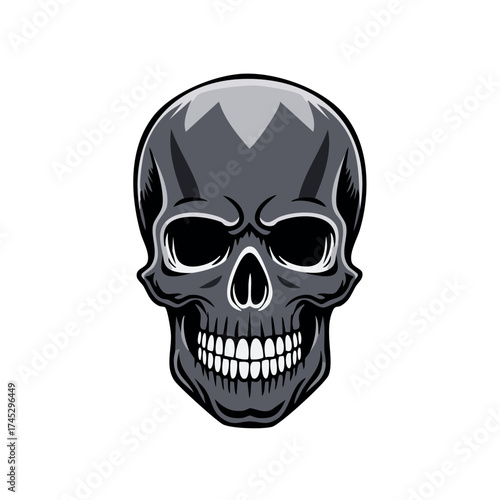 Menacing dark gray human skull illustration in a graphic tattoo style