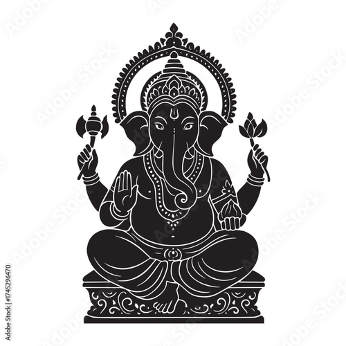 Lord Ganesha Vinayak Elegant black vector illustration, Traditional seated posture with ornate temple-style details and divine symbolism.