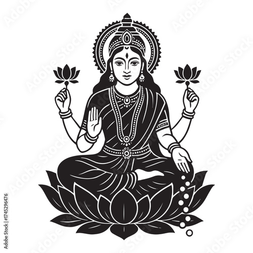 Goddess Lakshmi sitting on lotus flower, Hindu goddess of wealth and prosperity, black and white vector illustration