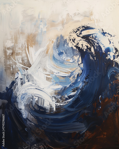 Abstract big ocean wave blue and white japanese art wallpaper heavy impasto oil painting technique