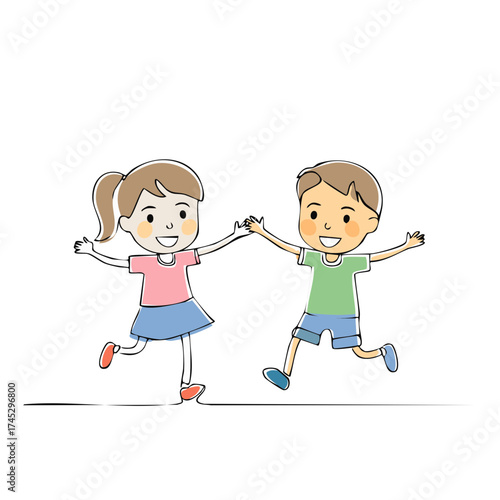 Cartoon Kids Holding Hands Playfully Jumping together Illustration