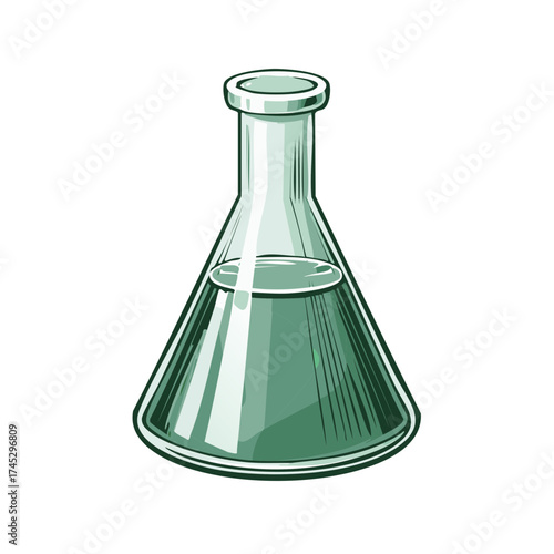 Green liquid in laboratory flask illustration isolated on white