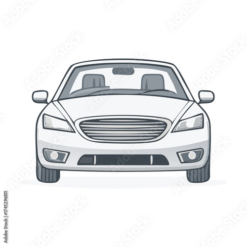 Front view of modern white sedan, clean illustration of automobile, stylish vehicle for transportation and car sharing, vector illustration