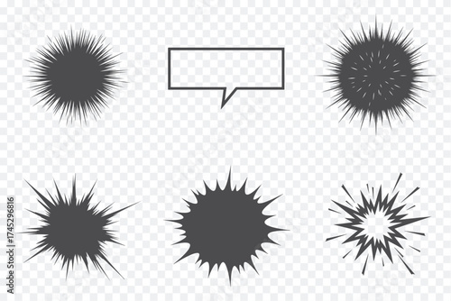 Collection of six spiky burst graphics and one empty speech bubble, all in black, arranged neatly on a white backdrop.