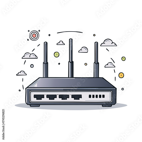 Vector Drawing of a Wireless Router with Antennas and Cloud Connection in a Minimalist Style