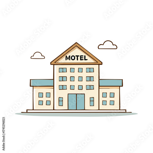 Charming Hand Drawn Motel Building Illustration for Travel Accommodation and Roadside Lodging