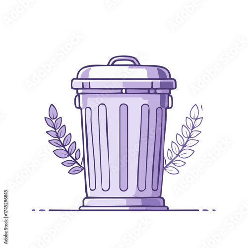 Isolated Garbage Can with Lid and Leafy Accents Clean Line Art Illustration Design