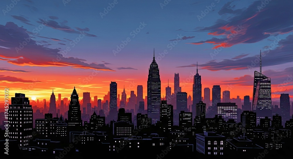 Fototapeta premium Skyline's Symphony: At twilight, a dynamic panorama of the urban skyline comes alive. The silhouette of iconic buildings against a palette of fiery orange, deep violet.