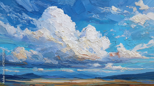 Abstract blue sky white cloud and land art wallpaper heavy impasto oil painting technique