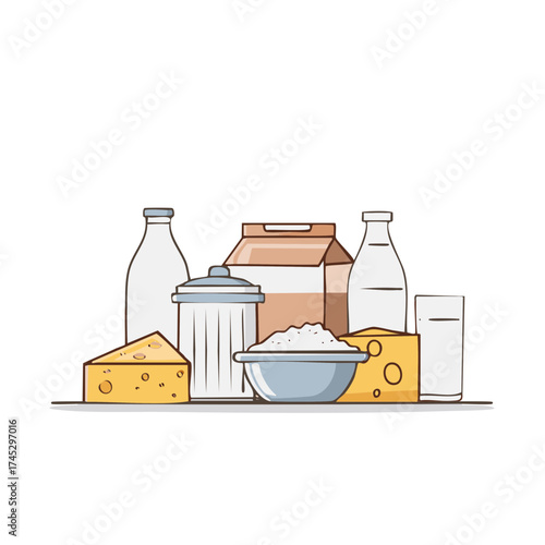 Dairy products illustration, milk bottle, cheese, carton, bowl of cottage cheese
