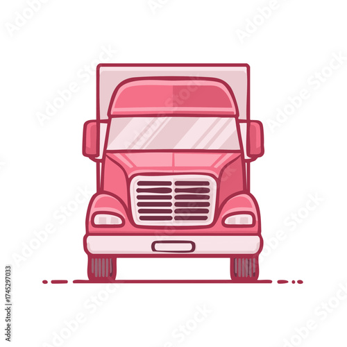 Illustration of a Box Truck Facing Forward with Pink, Red and White Coloring and Clean Lines