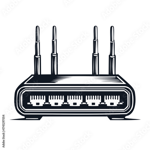 Router with multiple antennas and ethernet ports in a stylized illustration
