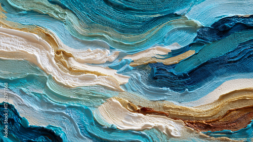 Abstract wave blue and white tone art wallpaper heavy impasto oil painting technique
