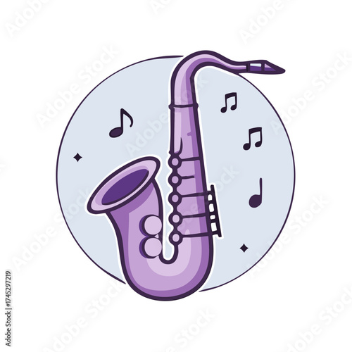 Cartoon illustration of a purple saxophone with musical notes.