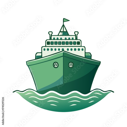 Green cruise ship illustration sailing on ocean waves with a vector style design for travel concept.