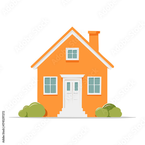 Charming cartoon house with orange walls, white trim, and green bushes