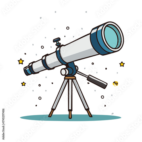 Telescope illustration aimed at the starry sky equipment for astronomical research and exploration of cosmic objects and galaxy