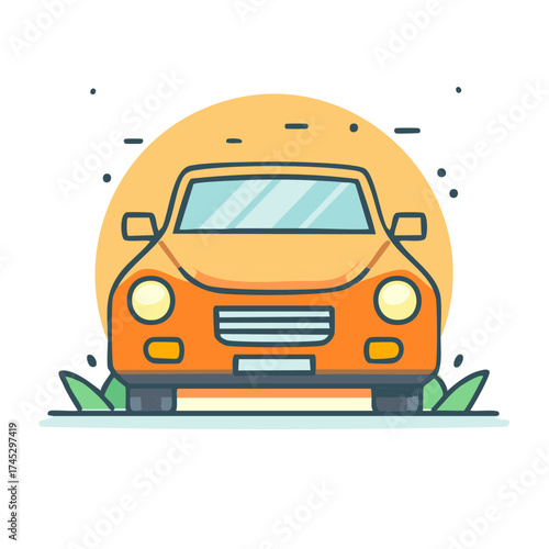 Vibrant Orange Passenger Car Flat Design Front View Transportation Art