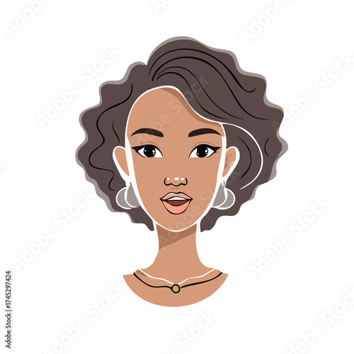 Stylized Portrait of a Woman with Curly Hair and Earrings