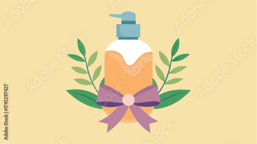 A decorative lotion bottle with a ribbon showcasing a gentle body lotion with botanical elements on the label.