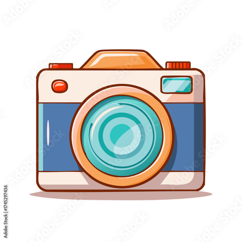 Cartoon Camera Illustration with Vibrant Blue Lens and Orange Accents
