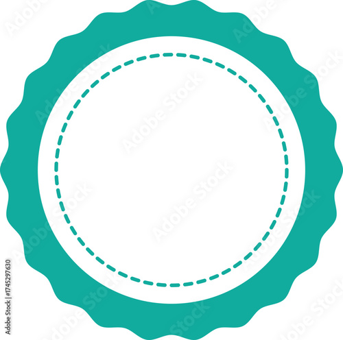 Teal scalloped circle with dashed inner circle isolated on white background