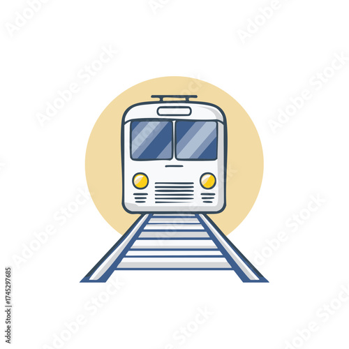 Modern cartoon commuter train on a railroad track. Front view public transport vector illustration.