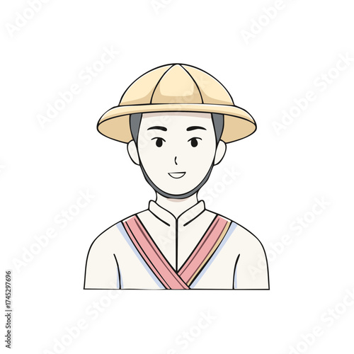 Smiling Asian man wearing a traditional conical hat and cultural garment, simple cartoon illustration