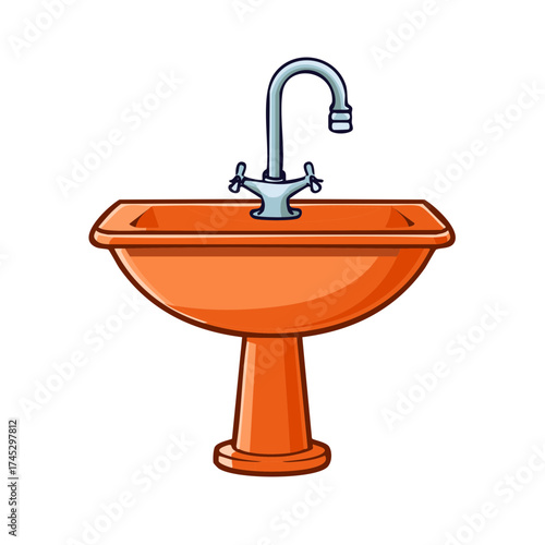 Orange cartoon pedestal sink with a classic chrome faucet vector illustration