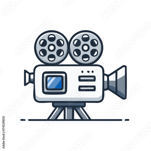 Vintage movie camera illustration with reels and viewfinder, cinematic film equipment, film making, production